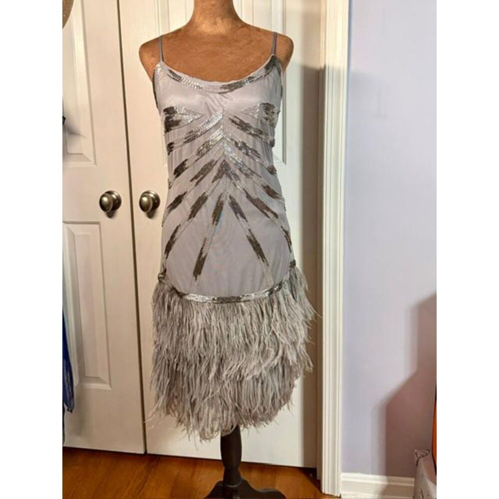 NWT Sue Wong Nocturne $526 Beaded Ostrich Feather Flapper Dress Size 12